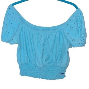 Hollister Baby Blue Crop Top Off The Shoulder Shirt Size Medium